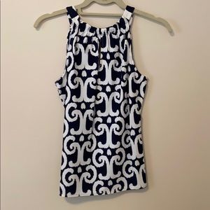 High neck blue and white patterned silky tank